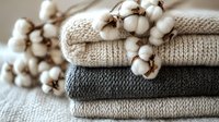 Stack of folded knitted sweaters in neutral colors with natural cotton flowers branch on top, creating cozy autumn or winter composition for fashion and home decor.