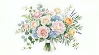 Watercolor wedding bouquet with pastel roses, eucalyptus and greenery on white background isolated for romantic floral design projects.