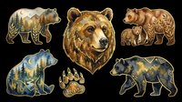 Grizzly bear head and full body silhouettes filled with forest landscape, mountains, and geometric patterns. Isolated on transparent background, ready for t-shirts, clipart, stickers, sublimation, and print-on-demand designs.