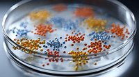 Colorful microbeads in petri dish with red, blue and golden spheres scattered on white surface for scientific research and laboratory testing in microbiology.