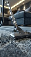 Modern vacuum cleaner head on gray carpet in luxury living room with ambient lighting and contemporary furniture, close-up view showing cleaning process.