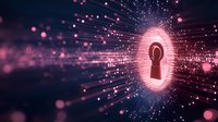 Glowing keyhole silhouette with radiating light beams and particles on dark background, representing digital security and data protection concept in pink tones.