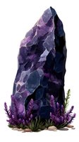 Mystical purple crystal formation with lavender flowers at base on isolated white background, fantasy mineral illustration for magical designs and artwork.