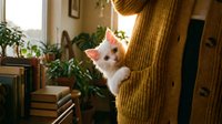 Curious white and orange kitten peeking around golden knit blanket in cozy home interior with plants and natural window light, perfect for lifestyle and pet content.