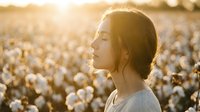 Young Asian woman with closed eyes enjoying peaceful moment in cotton field during golden hour sunset with warm backlighting creating serene agricultural landscape.