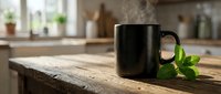 Steaming black coffee mug with fresh mint leaves on rustic wooden table in bright modern kitchen interior for morning beverage and culinary concepts.