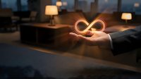 Businessman holding glowing infinity symbol in modern office environment, representing endless possibilities, sustainable growth, and circular economy concepts for corporate branding.