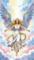 Watercolor angel with flowing blonde hair and purple wings floating in pastel clouds. Spiritual guardian figure in white dress for religious and fantasy designs.