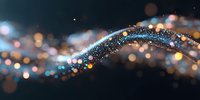 Magical glowing wave with sparkling blue particles and bokeh lights on dark background, flowing energy stream creates dreamy atmosphere.