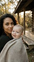 Young mixed-race mother holding smiling baby outdoors in warm golden sunlight. Loving maternal bond, family portrait in natural autumn setting.