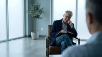 Mature male professional in business casual attire sitting in modern office chair during consultation meeting, listening thoughtfully to colleague in contemporary workspace with large windows and potted plant.