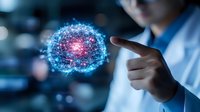 Futuristic glowing brain hologram with neural network connections floating in dark laboratory as scientist points to artificial intelligence visualization.