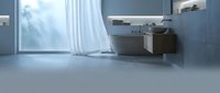 Modern minimalist bathroom with concrete flooring, floating vanity, and large window with sheer curtains for residential or commercial interior design projects.