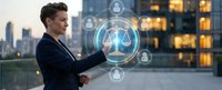 Professional businesswoman using digital legal technology interface with justice scales hologram in modern city environment at dusk for corporate law services.