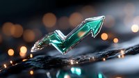 Glowing green crystal arrow shape floating above reflective surface with bokeh lights in background, symbolizing growth and direction in business concept.