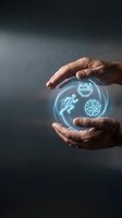 Hands protecting glowing holographic sphere with wellness icons showing brain, running figure and healthy food symbols representing healthcare protection.