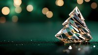 Crystal glass Christmas tree decoration on dark emerald background with golden bokeh lights and glitter, creating festive holiday atmosphere.