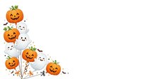 Carved jack-o-lantern pumpkins with smiling faces, bats, and spiders floating on white isolated background. Autumn holiday decoration for seasonal designs and festive projects.