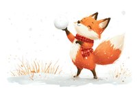 Cute cartoon fox character wearing red scarf throwing snowball in winter scene with falling snow isolated on white background for children design.