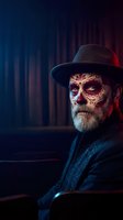 Elderly Caucasian man with sugar skull face paint and fedora hat in dramatic lighting for Day of the Dead celebration and cultural events.