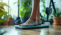 Female foot stepping on digital bathroom scale for weight measurement against blurred background with houseplants and morning sunlight.