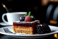 Decadent chocolate caramel slice topped with fresh raspberry and blackberries on white plate, dark moody background with coffee cup and bokeh lights.