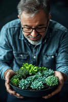 Senior Caucasian man with gray beard and glasses holding plate of fresh green vegetables including broccoli and leafy greens for healthy eating concept.