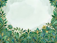 Ornamental green and gold botanical frame with decorative leaf patterns and watercolor background, suitable for invitations, cards, and design projects.