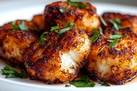 Grilled spicy scallops with caramelized crust garnished with fresh herbs on white plate, macro food photography showing texture and sear marks.