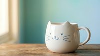 Adorable white ceramic cat mug with cute face and whiskers sits on wooden table against soft pastel background for cozy morning coffee moments.