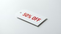 White price tag with bold red 50% OFF text on light background, perfect for retail sale promotions and discount marketing campaigns.