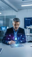Middle-aged Caucasian male IT professional in business attire working with digital security interface on tablet in modern office, representing cybersecurity and data protection technology.