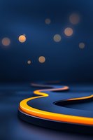 Glowing orange curved neon line against dark blue background with bokeh lights creates modern minimalist composition for technology and innovation concepts.