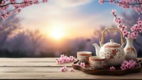 Traditional tea set with cherry blossoms on wooden table at sunset, spring atmosphere for relaxation and mindfulness practices.