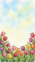 Watercolor spring tulips border with colorful blooms in pink, purple, yellow and red framing a soft pastel sky background with copy space.