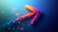 Glowing colorful arrow formed by luminous particles and triangles dispersing on gradient blue background, suggesting direction, progress and transformation.