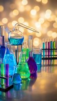 Colorful chemistry laboratory glassware with vibrant liquids on reflective surface against warm bokeh lights background for science education.