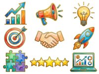 Colorful business and startup icons including growth chart, megaphone, lightbulb, target, handshake, rocket, puzzle pieces, five stars, and laptop with analytics for marketing and entrepreneurship projects.
