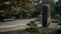 Zen garden with raked gravel patterns, miniature bonsai tree, and weathered wooden post surrounded by lush foliage, creating a serene meditation space for relaxation and contemplation.