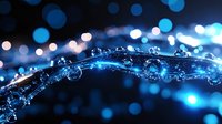 Glowing water drops on curved surface with blue bokeh lights in dark background create magical atmosphere. Macro photography reveals intricate liquid details.