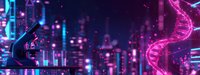 Microscope and DNA helix structure glowing in neon pink and blue colors against futuristic cityscape background, representing biotechnology and genetic research.