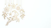 Reindeer leaping with hanging snowflakes, stars, bells, and festive ornaments in gold line art style on white background, perfect for holiday cards and seasonal designs.