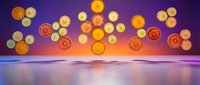 Abstract floating spheres in warm golden orange tones above serene water surface with purple sky backdrop for modern digital art and design projects.