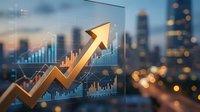 Golden arrow pointing upward through transparent financial charts and graphs with blurred city skyline background representing business growth and success.