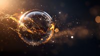 Glowing sphere surrounded by luminous golden particles and light trails against dark background, creating magical cosmic atmosphere for abstract designs.