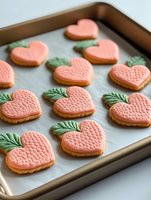 Heart-shaped strawberry cookies with pink icing and green leaves arranged on baking sheet. Sweet treats for romantic occasions and celebrations.