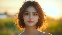 Young Asian woman with short hair backlit by golden sunset light, creating warm glow around her face against blurred natural background.
