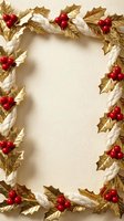 Elegant Christmas holly border with golden leaves, red berries and white ribbon on cream background. Festive frame for holiday cards and seasonal designs.