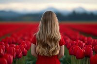 Young woman with long blonde wavy hair wearing red dress standing in vibrant tulip field at sunset, view from behind with mountain landscape in background.