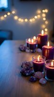 Cozy evening atmosphere with burning candles, healing crystals and warm fairy lights creating peaceful ambiance for meditation, relaxation and spiritual wellness practices.